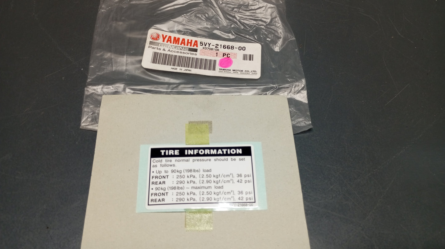 Yamaha genuine new fz1 yzf r1 r6 fjr1300 mt01 tire pressure label pn 5vy-21668-00